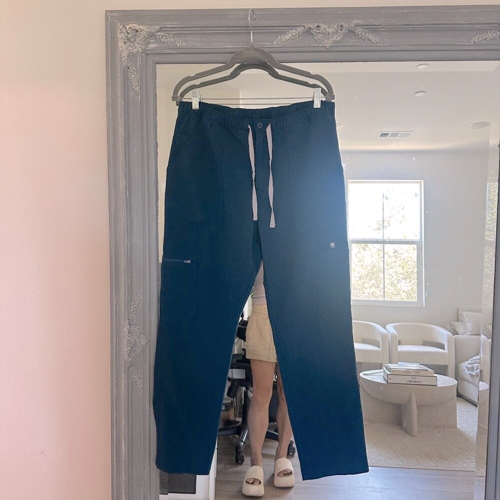 FIGs Blue Drawstring Cargo Scrub Pants Pull On Technical Collection L